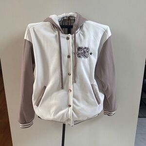 Women's Varsity Jacket in White and Tan